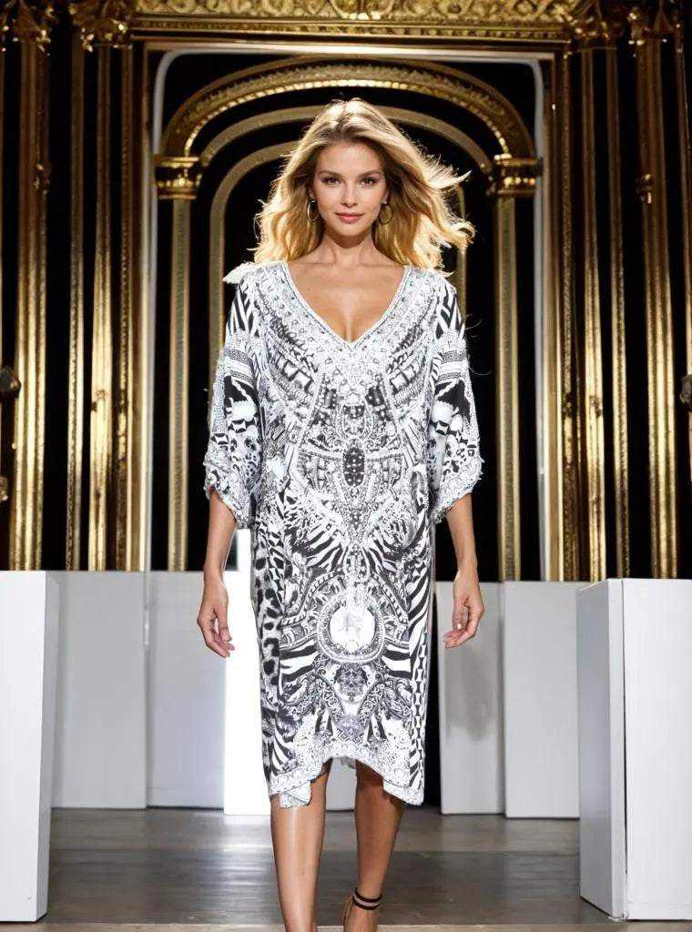  sleeve Silk Embellished Dress Tiger Black
