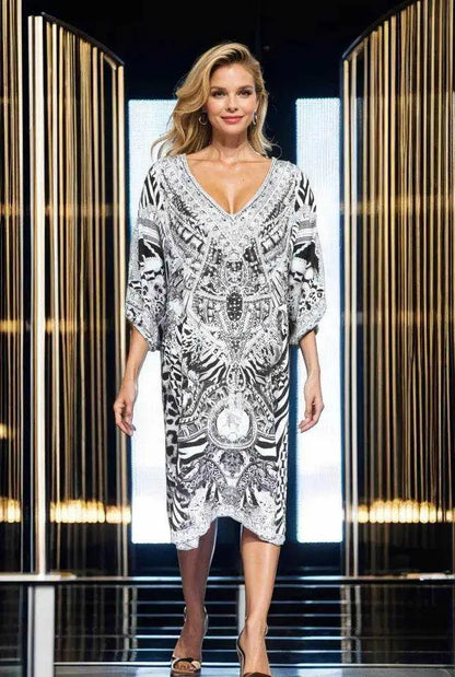 sleeve Silk Embellished Dress Tiger Black