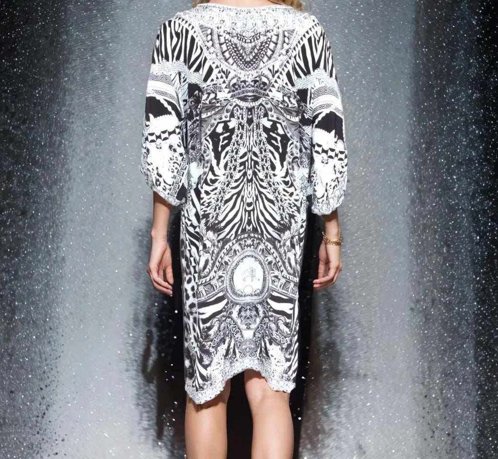 sleeve Silk Embellished Dress Tiger Black