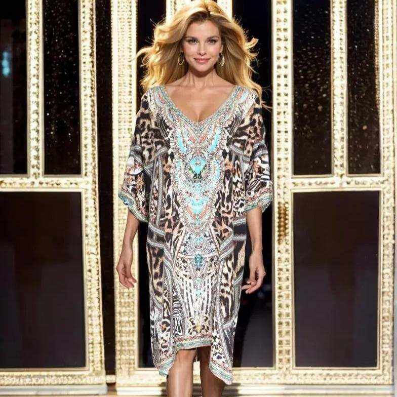 3 4 sleeve Silk Embellished Dress