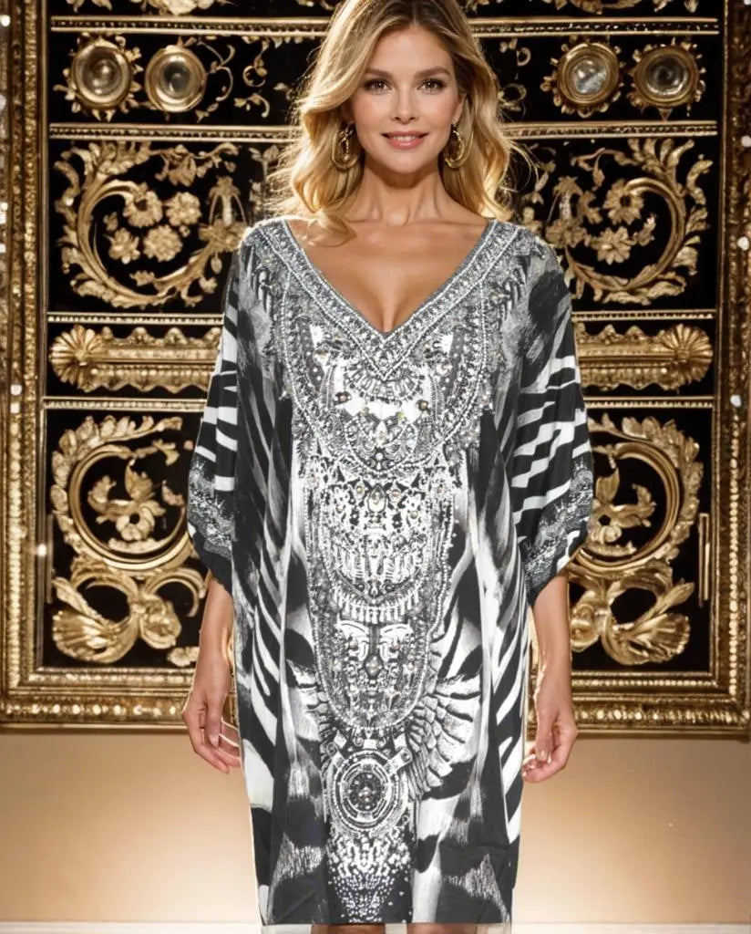 Zulu 3/4 sleeve Silk Embellished Dress - Kaftans that Bling