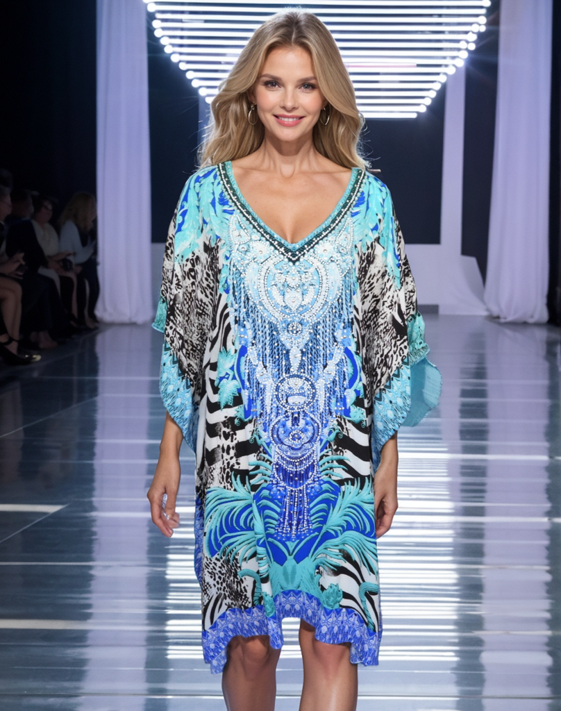 Short silk Embellished Kaftan Leopard Blue