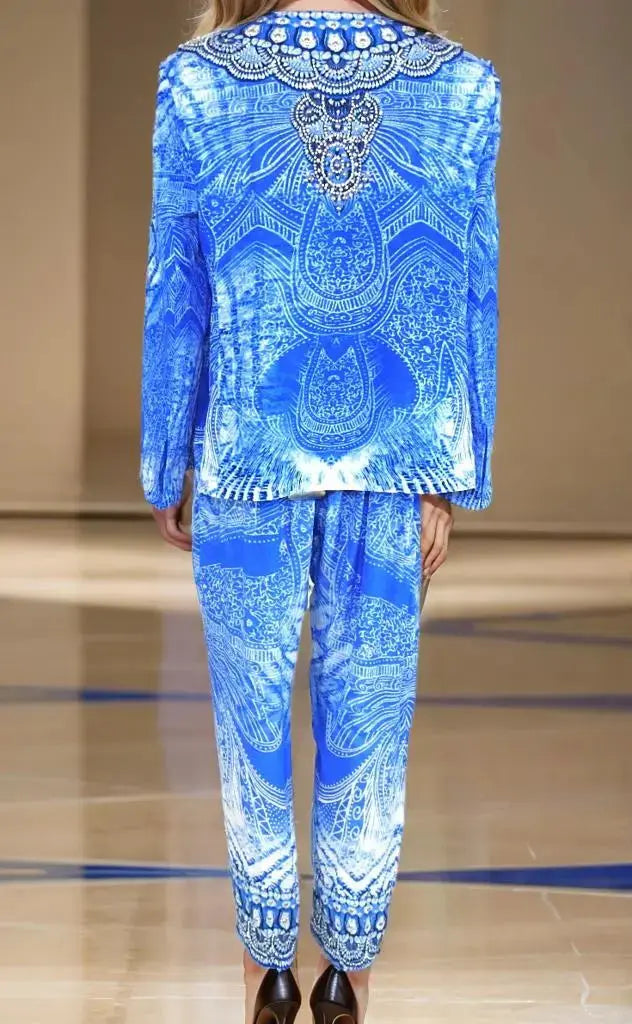 Silk Drawstring Embellished Pants Amalfi Blue - Kaftans that Bling