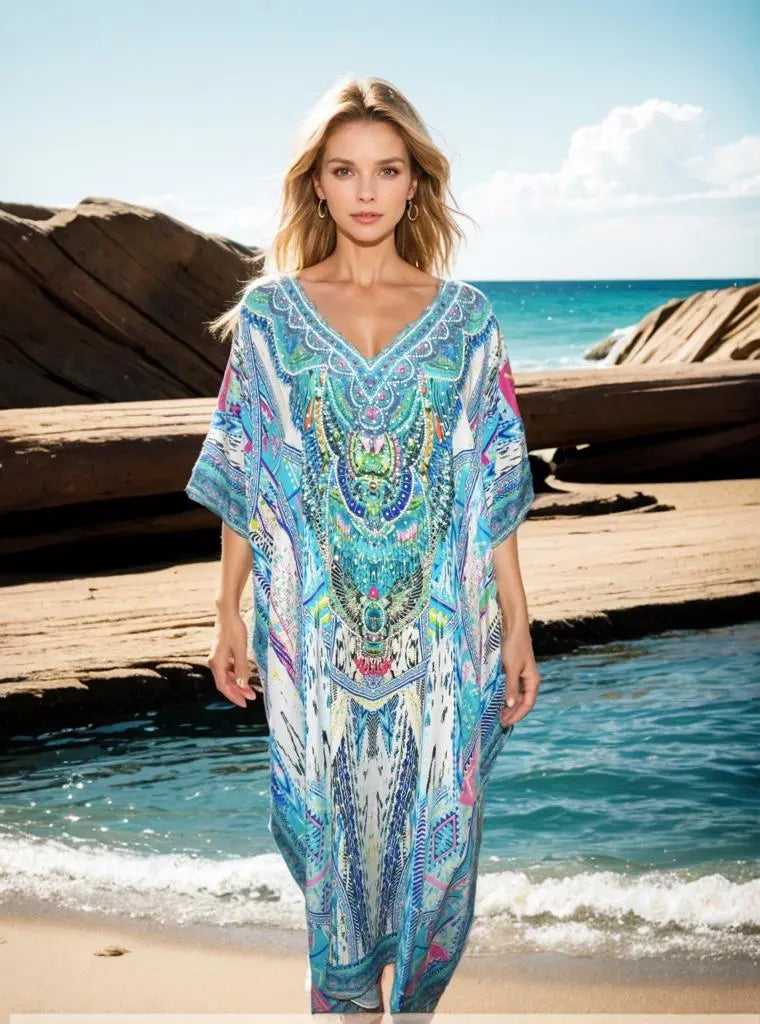 Long Silk Embellished Box Kaftan Denia - Kaftans that Bling