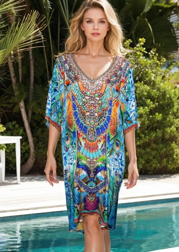 3/4 sleeve Embellished Dress Peacock Kaftans that Bling  Kaftans that Bling