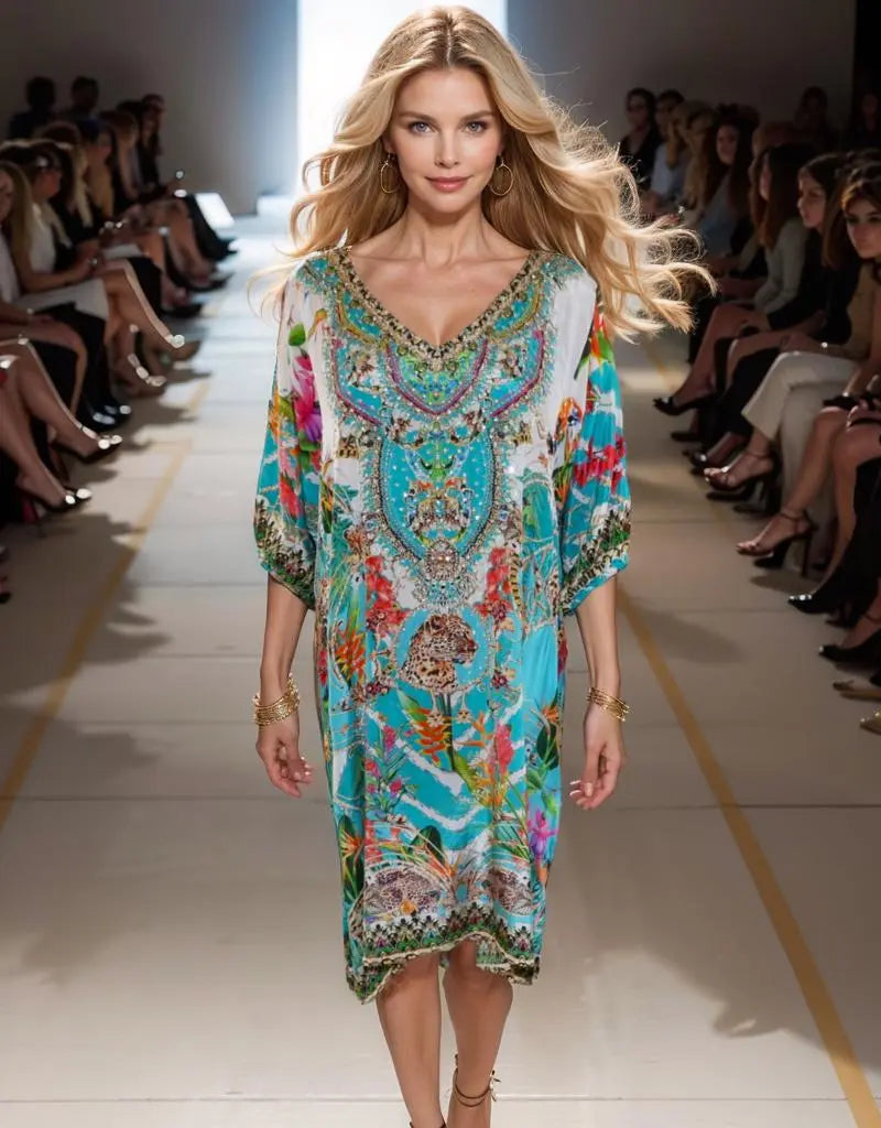 3/4 sleeve dress Sabrina-green 3/4 sleeve Embellished Dress Sabrina green Kaftans that Bling  Kaftans that Bling