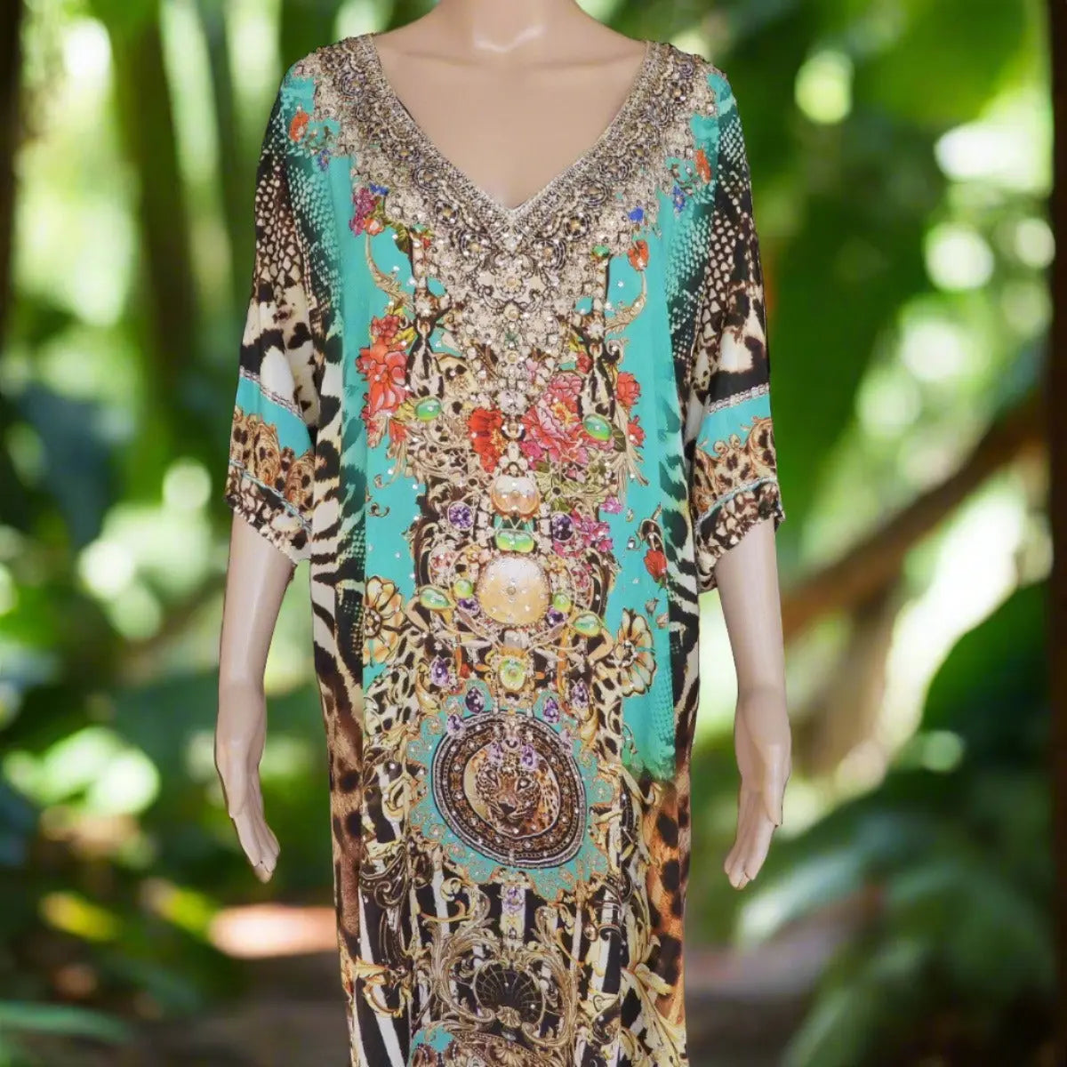 3/4 sleeve Silk Embellished Dress Garden Delight - Kaftans that Bling