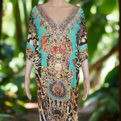 sleeve silk embellished dress with vibrant animal print and intricate beadwork