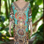 sleeve silk embellished dress with vibrant animal print and intricate beadwork