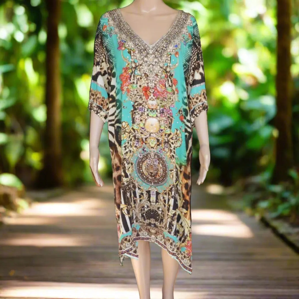 3/4 sleeve Silk Embellished Dress Garden Delight - Kaftans that Bling