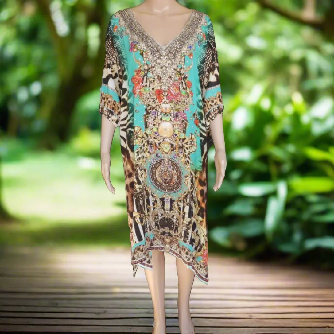 3/4 sleeve Silk Embellished Dress Garden Delight - Kaftans that Bling