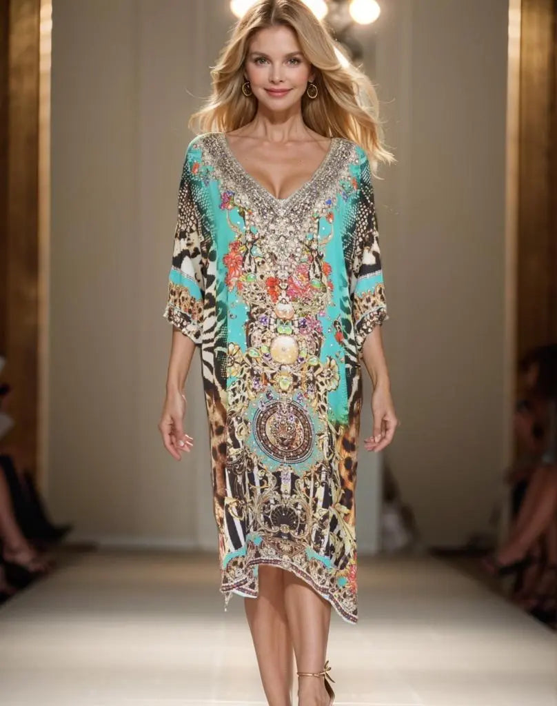 Silk sleeve dress 3/4 sleeve Silk Embellished Dress Garden Delight fashion spectrum  Kaftans that Bling