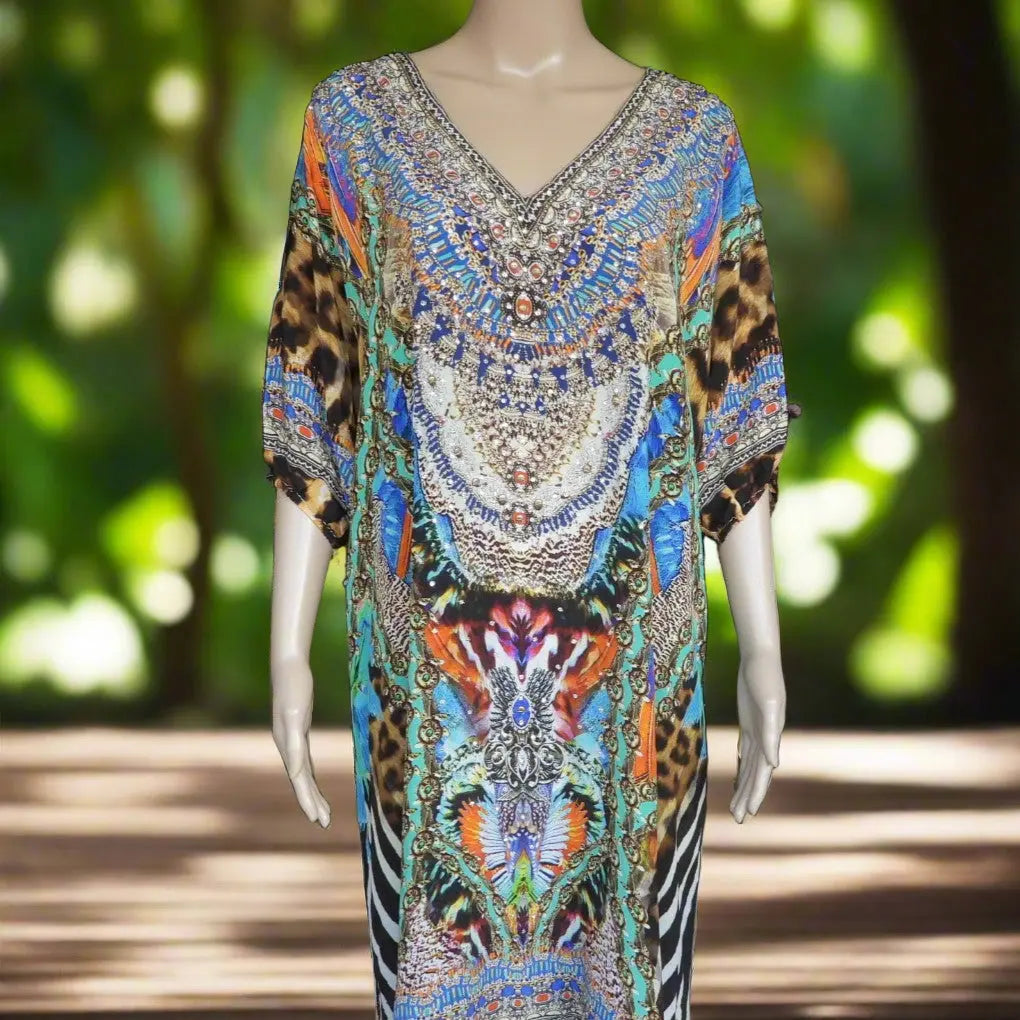 3/4 sleeve Silk Embellished Dress Jungle - Kaftans that Bling