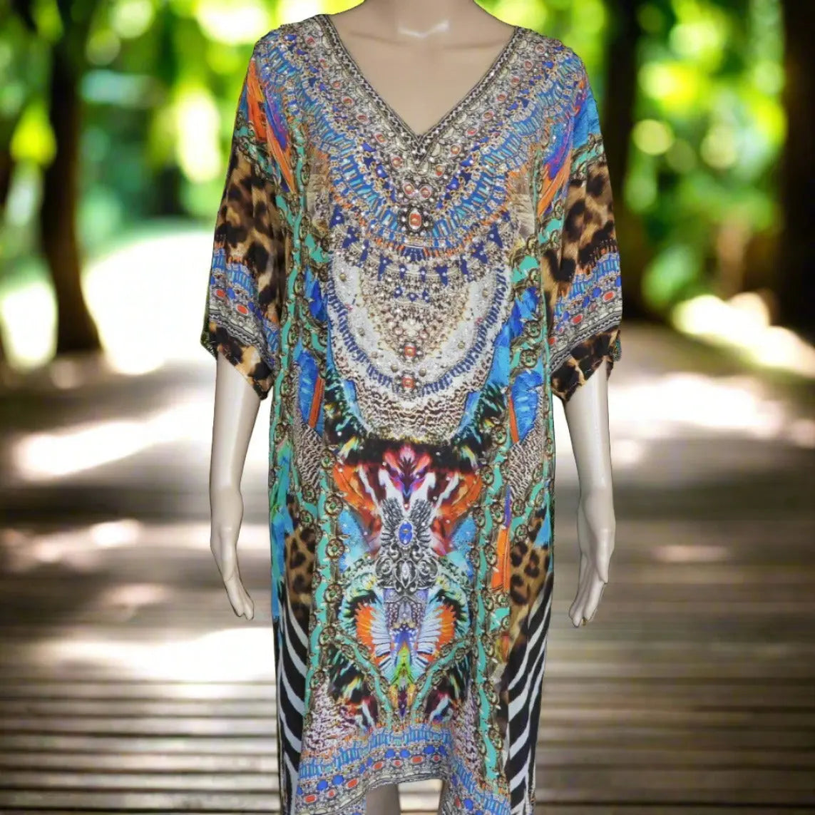 3/4 sleeve Silk Embellished Dress Jungle - Kaftans that Bling