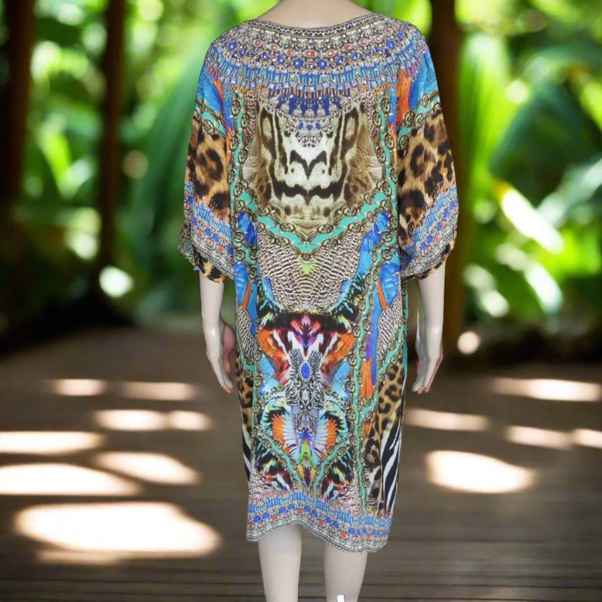 3/4 sleeve Silk Embellished Dress Jungle - Kaftans that Bling