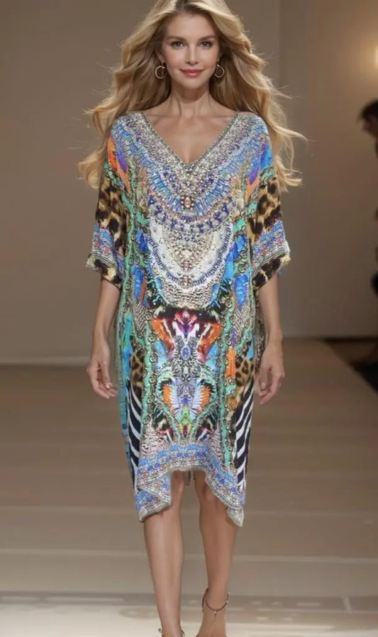 Silk sleeve dress 3/4 sleeve Silk Embellished Dress Jungle fashion spectrum  Kaftans that Bling