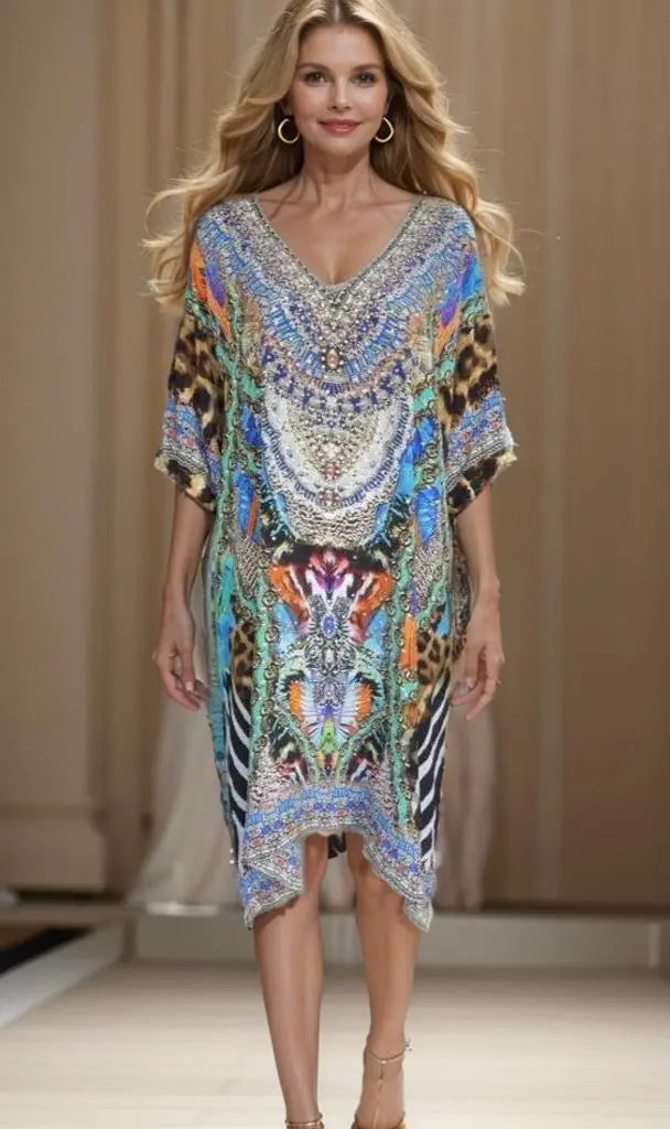 Silk sleeve dress 3/4 sleeve Silk Embellished Dress Jungle fashion spectrum  Kaftans that Bling