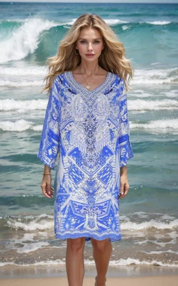 Venice sleeve dress Venice 3/4 sleeve Silk Embellished Tunic Dress fashion spectrum  Kaftans that Bling