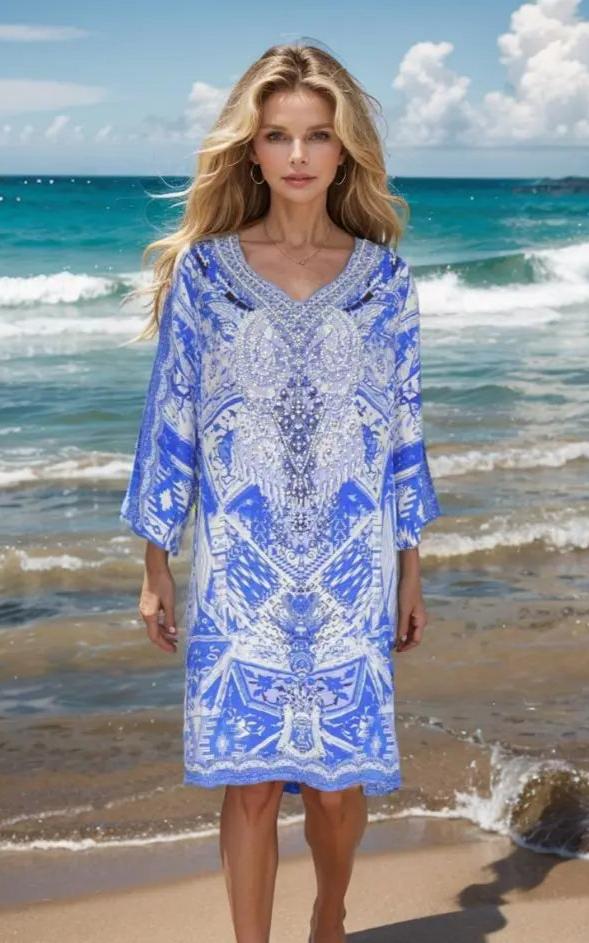 Venice sleeve dress Venice 3/4 sleeve Silk Embellished Tunic Dress fashion spectrum  Kaftans that Bling