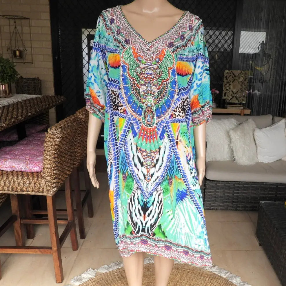 Amira green 3/4 sleeve dress Silk Embellished Dress Amira Green Kaftans that Bling 142.95 Kaftans that Bling S-M-suits-size-8-16