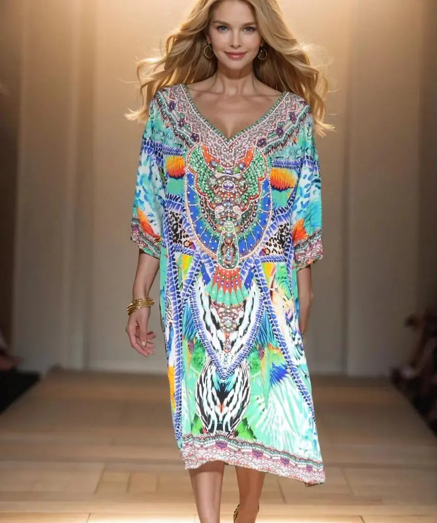 Silk Embellished Dress Amira Green - Kaftans that Bling