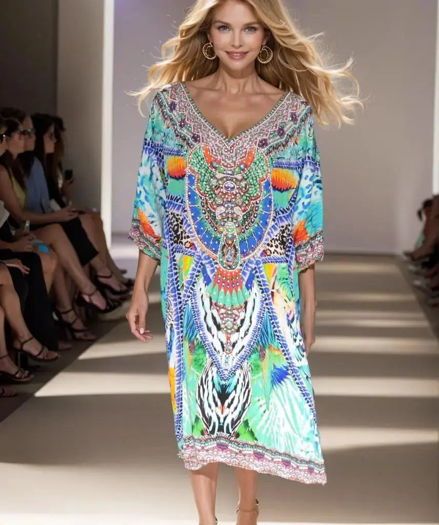 Silk Embellished Dress Amira Green - Kaftans that Bling