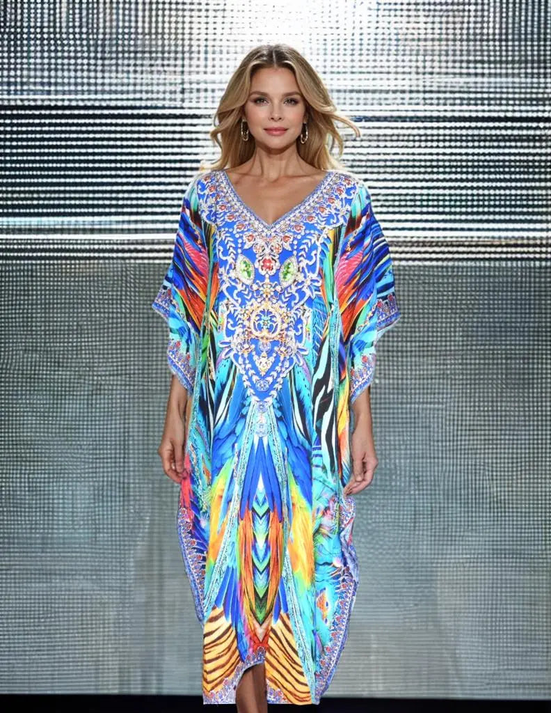 Peacock Long Silk Embellished Box Kaftan - Kaftans that Bling