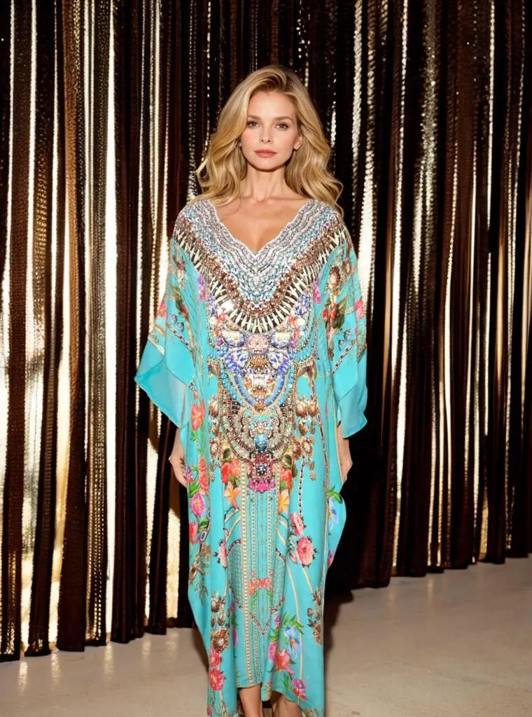 Long Silk Embellished Kaftan- Capri Aqua - Kaftans that Bling