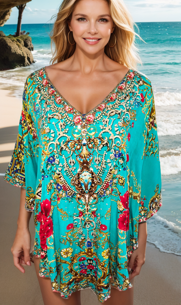 Silk Embellished Butterfly Top Raisin Aqua