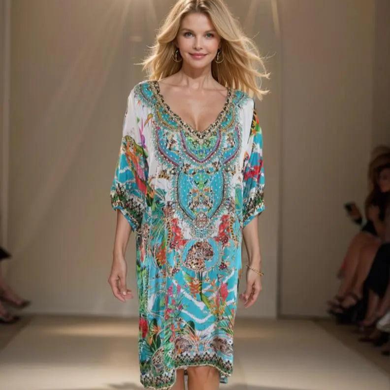 3/4 sleeve Embellished Dress Sabrina green - Kaftans that Bling