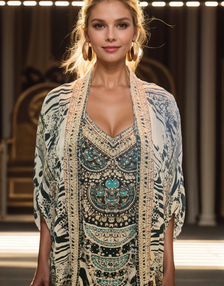 Short Silk Embellished Cape Safari Blue