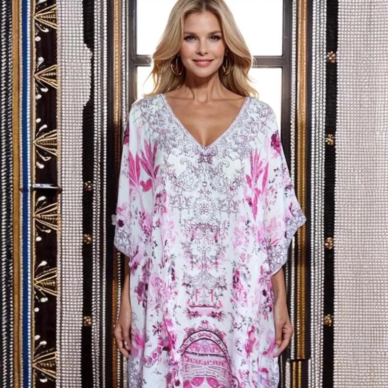 Layla Long Silk Embellished Box Kaftan - Kaftans that Bling