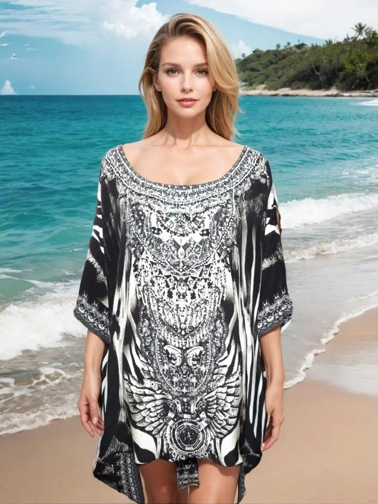 Batwing Embellished Silk Top Zulu - Kaftans that Bling