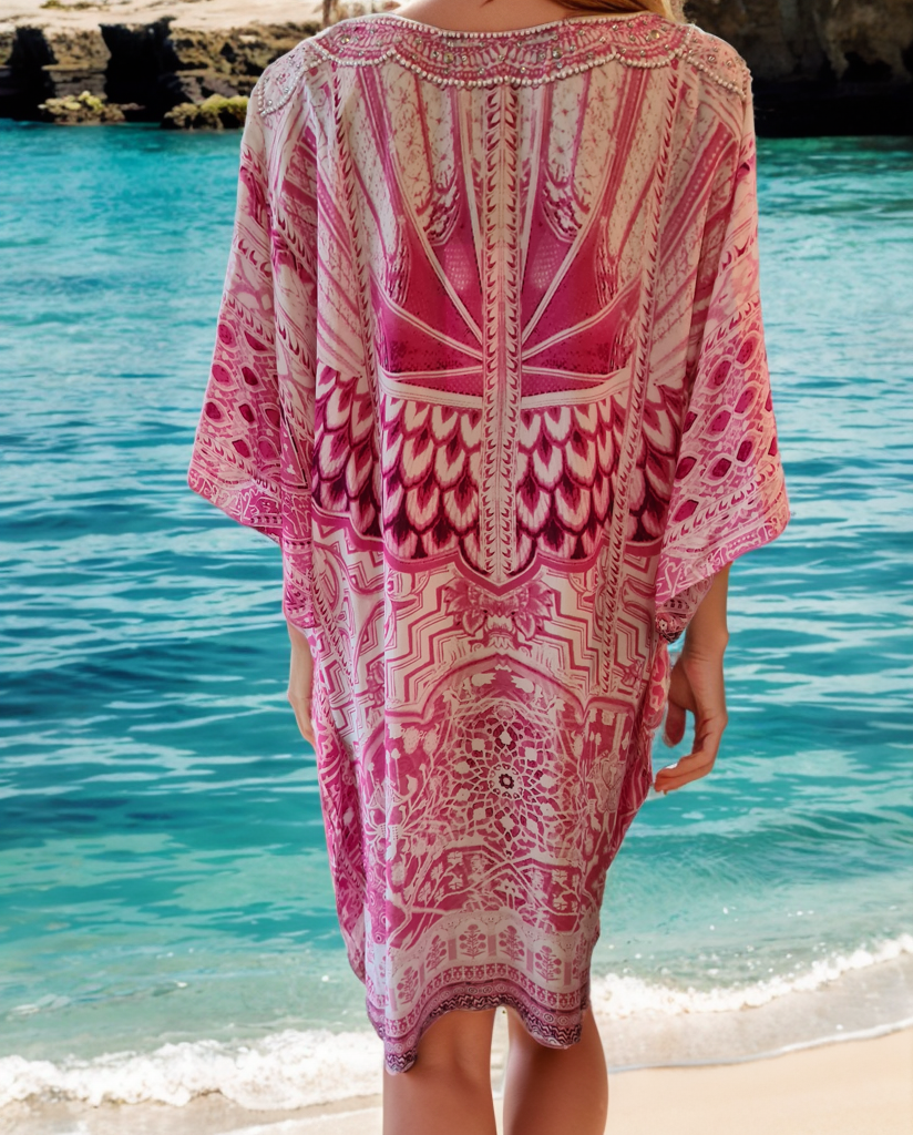 Short Silk Embellished Kaftan Flamingo- by Fashion Spectrum