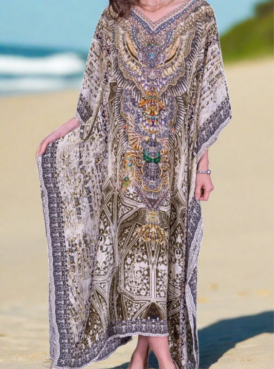 Bohemian Long Silk Embellished Kaftan - Fashion Spectrum