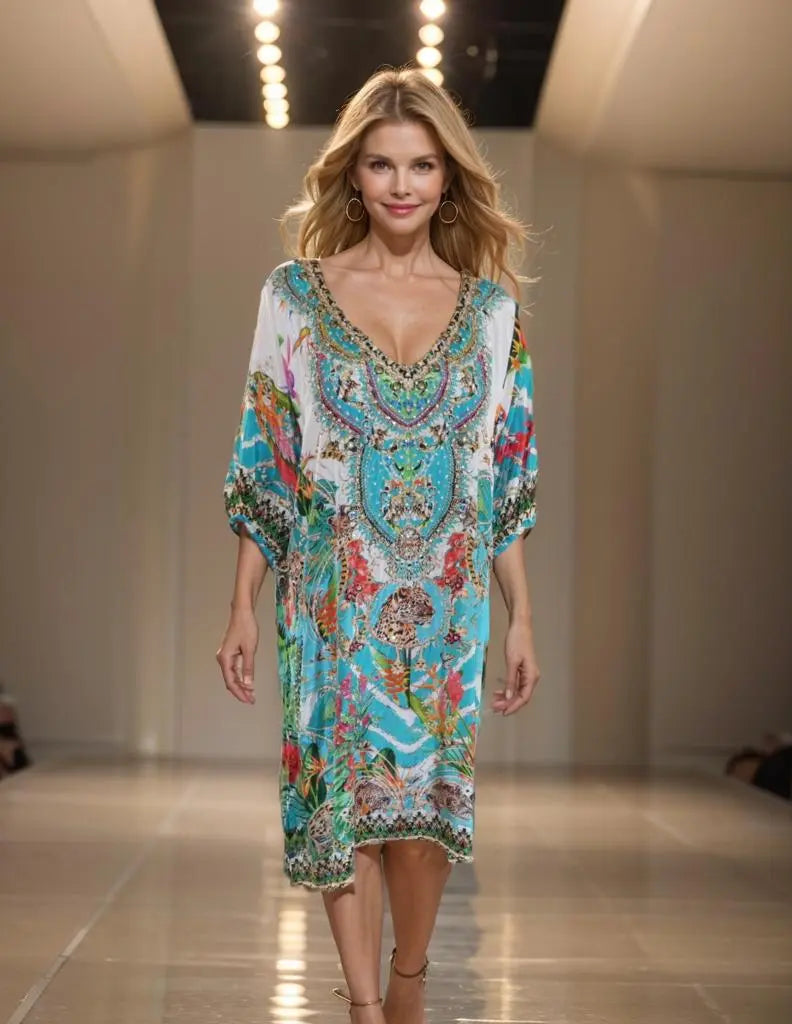 3/4 sleeve Embellished Dress Sabrina green - Kaftans that Bling