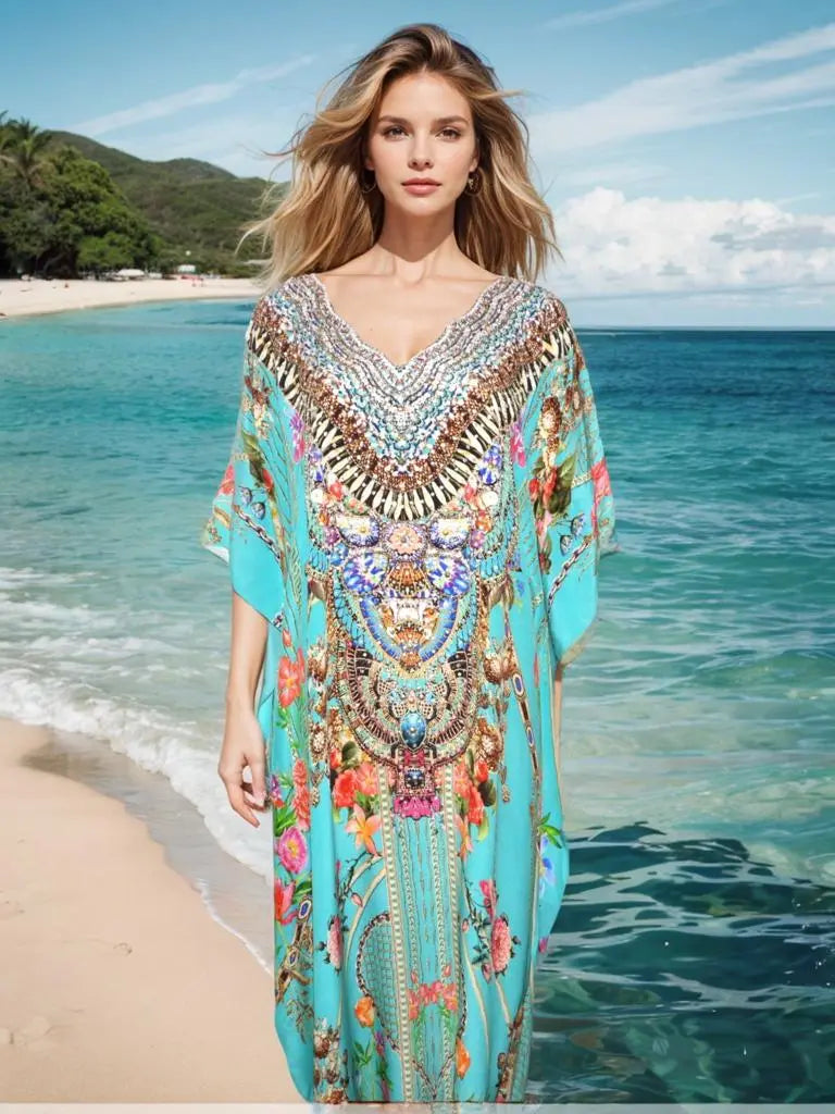 Long Silk Embellished Kaftan- Capri Aqua - Kaftans that Bling