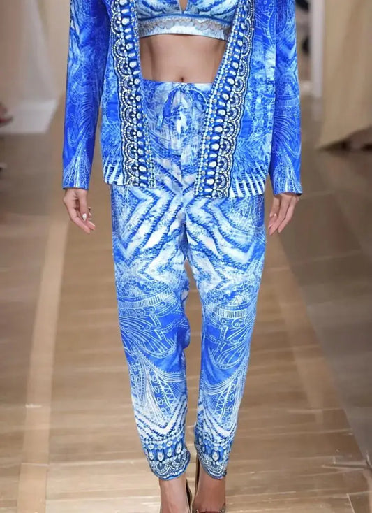 Silk Drawstring Embellished Pants Amalfi Blue - Kaftans that Bling