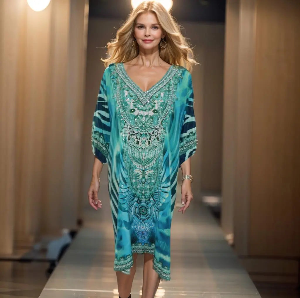 3/4 sleeve Silk Embellished Dress Zulu - Kaftans that Bling