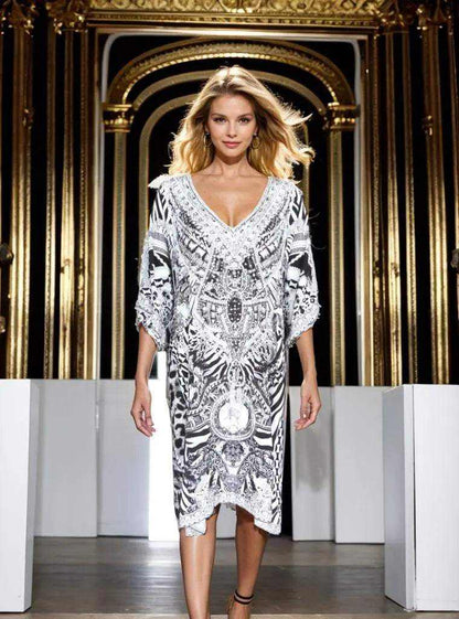  sleeve Silk Embellished Dress Tiger Black