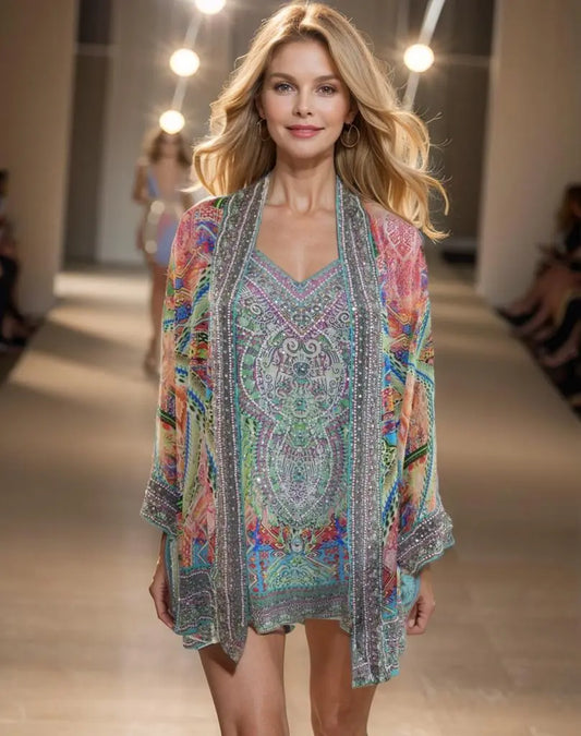 Silk Embellished Kimono Jacket Monet - Kaftans that Bling