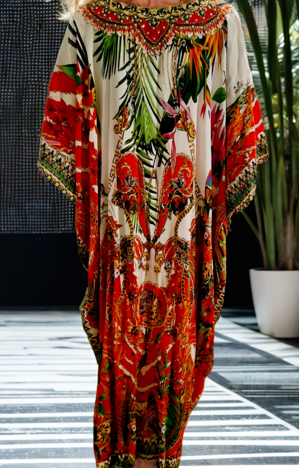 Long Silk Embellished Box Kaftan Tropical