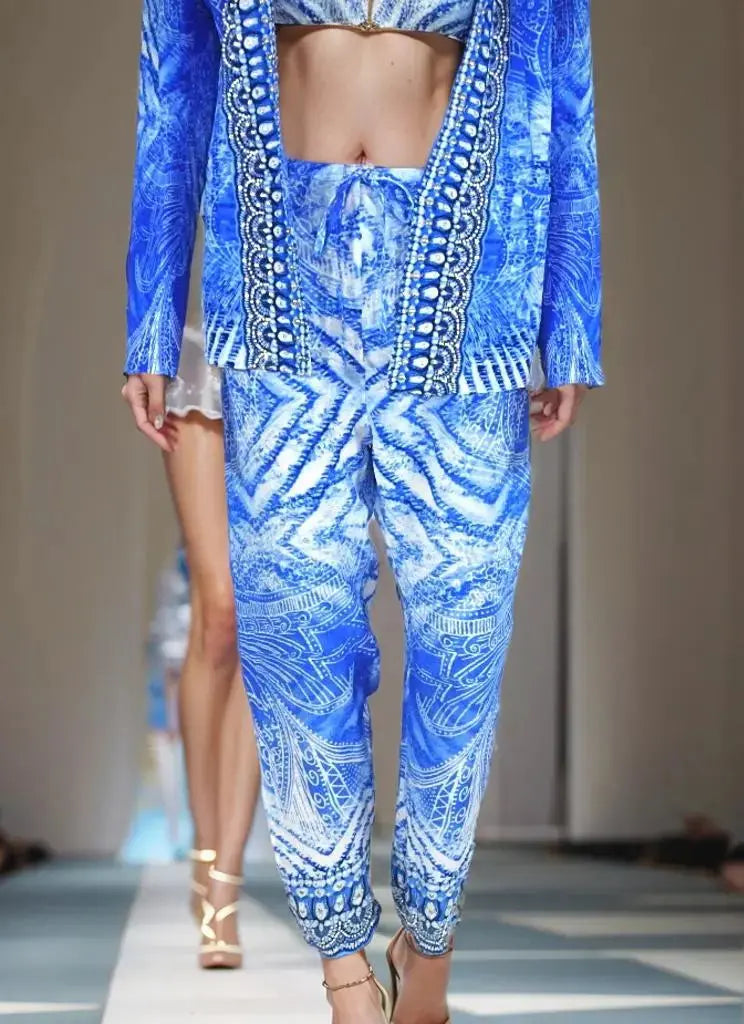 Silk Drawstring Embellished Pants Amalfi Blue - Kaftans that Bling