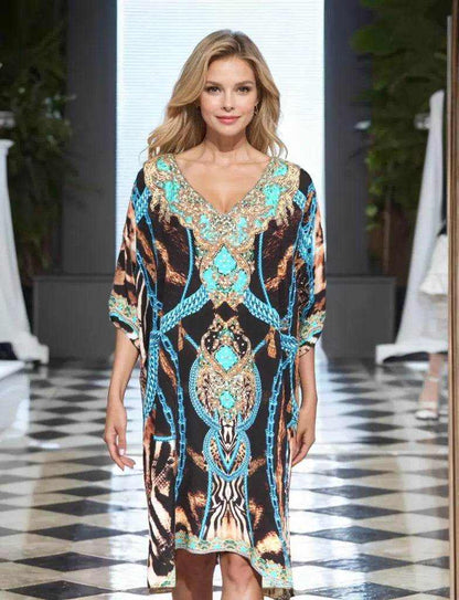  sleeve Silk Embellished Dress -Leopard Blue-Kaftans that Bling