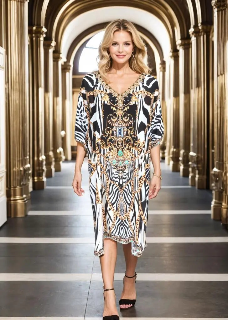 3/4 sleeve Silk Embellished Dress Tiger