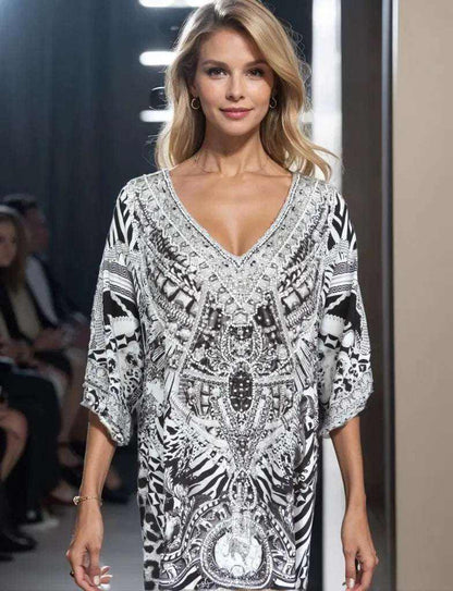 sleeve Silk Embellished Dress Tiger Black