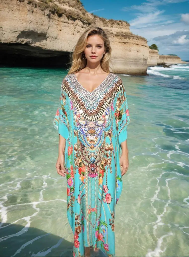 Long Silk Embellished Kaftan- Capri Aqua - Kaftans that Bling