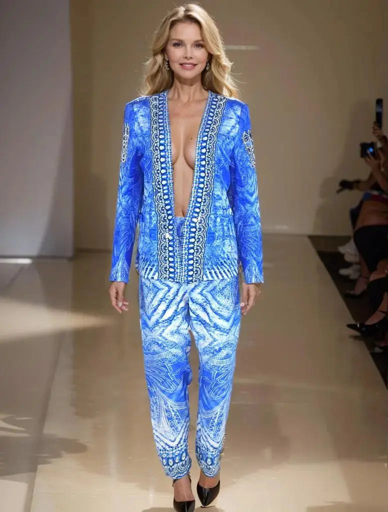 Silk Drawstring Embellished Pants Amalfi Blue - Kaftans that Bling