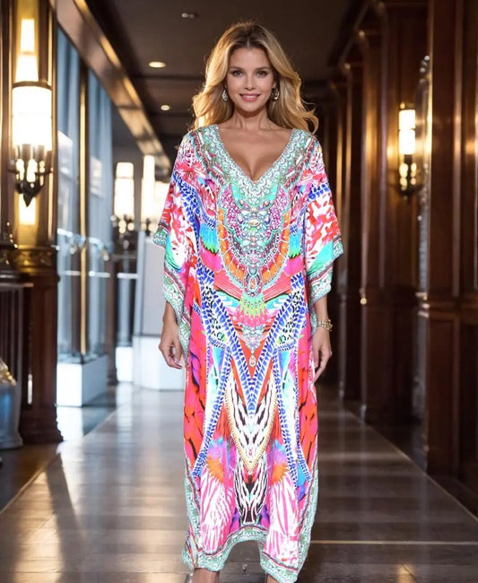 Amira Pink Long Silk Embellished Box Kaftan - Kaftans that Bling