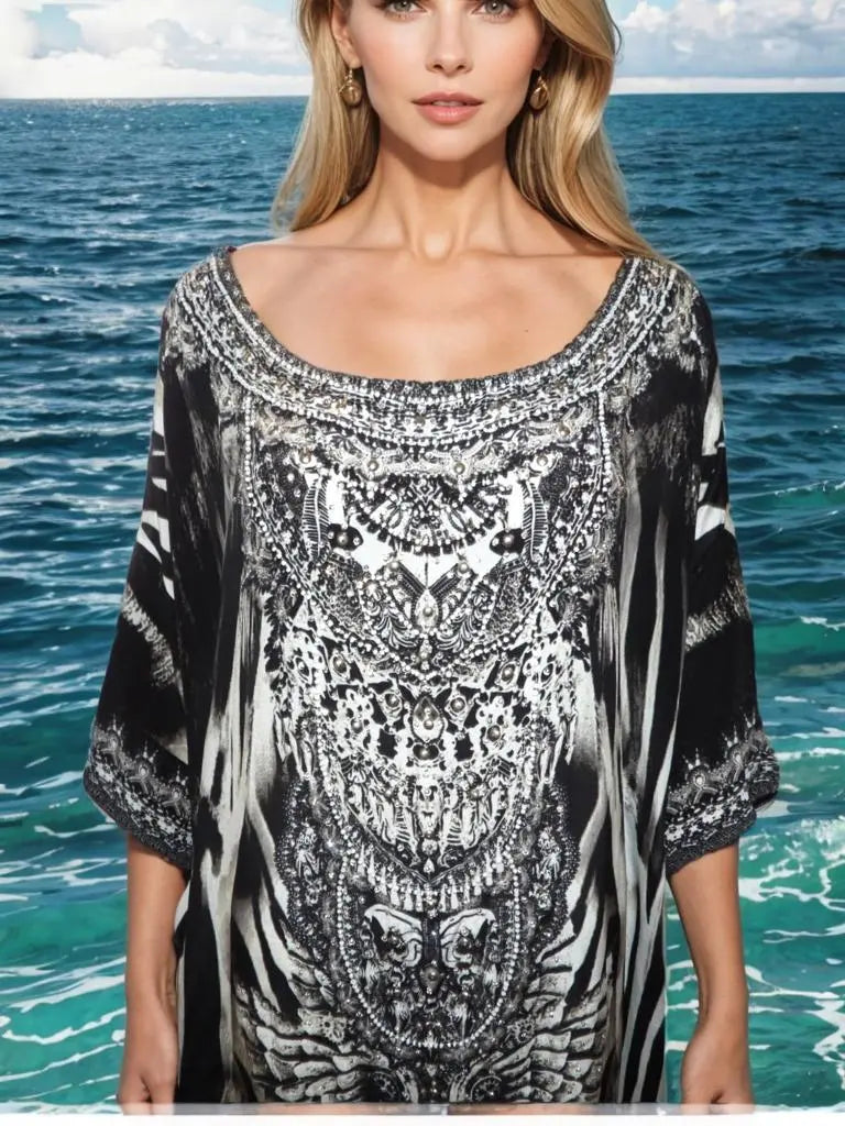 Batwing Embellished Silk Top Zulu - Kaftans that Bling